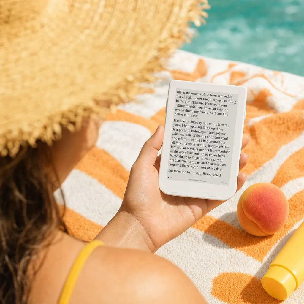Reading a white Snug Mini on a beach towel