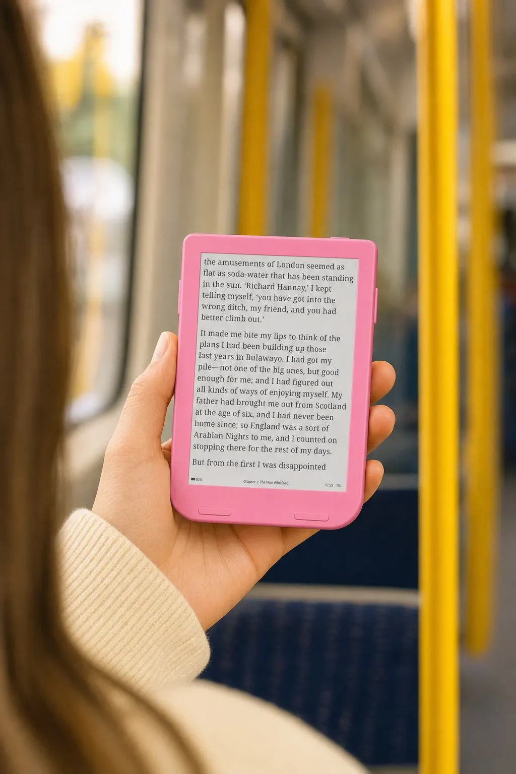 Reading a pink Snug Mini on the train
