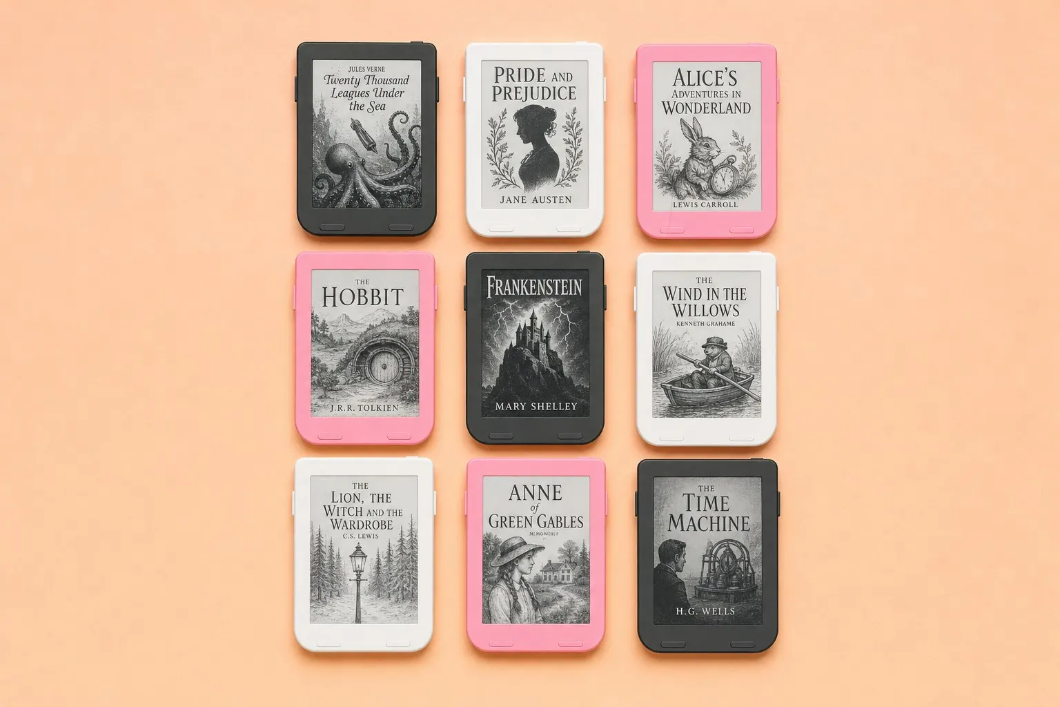Rows of Snug Minis in black, white and pink, each showing a different book cover